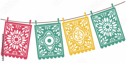 Colorful paper flags strung together in a festive arrangement