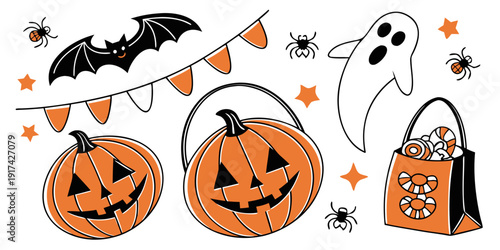 Halloween decorations featuring carved pumpkins and spooky ornaments