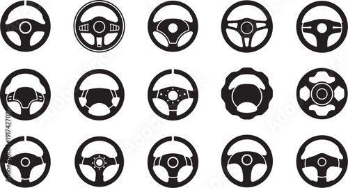 Collection of various steering wheel icons in black color