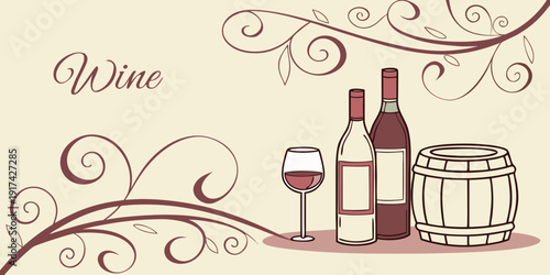 Elegant wine bottles and glasses on a wooden table with decorative swirls