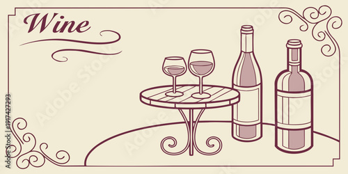 Elegant wine bottles and glasses on a table with a decorative background