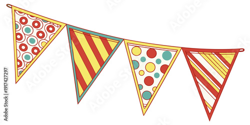 Colorful triangular flags on a string with various patterns and designs