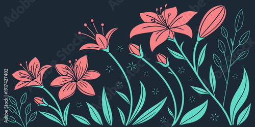 A vibrant illustration of red flowers with delicate butterflies hovering around them.