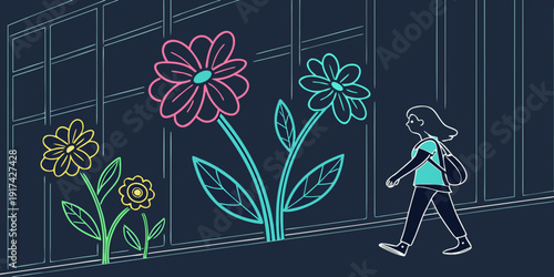 A whimsical chalkboard illustration featuring a woman and vibrant flowers