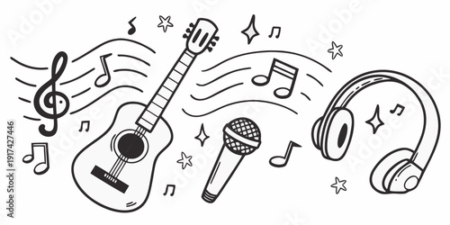 Musical instruments and notes floating around a guitar