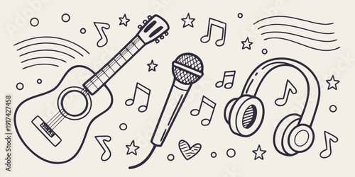 A vibrant illustration of musical instruments and notes floating in a whimsical setting