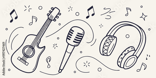 Illustration of musical instruments and headphones with musical notes.