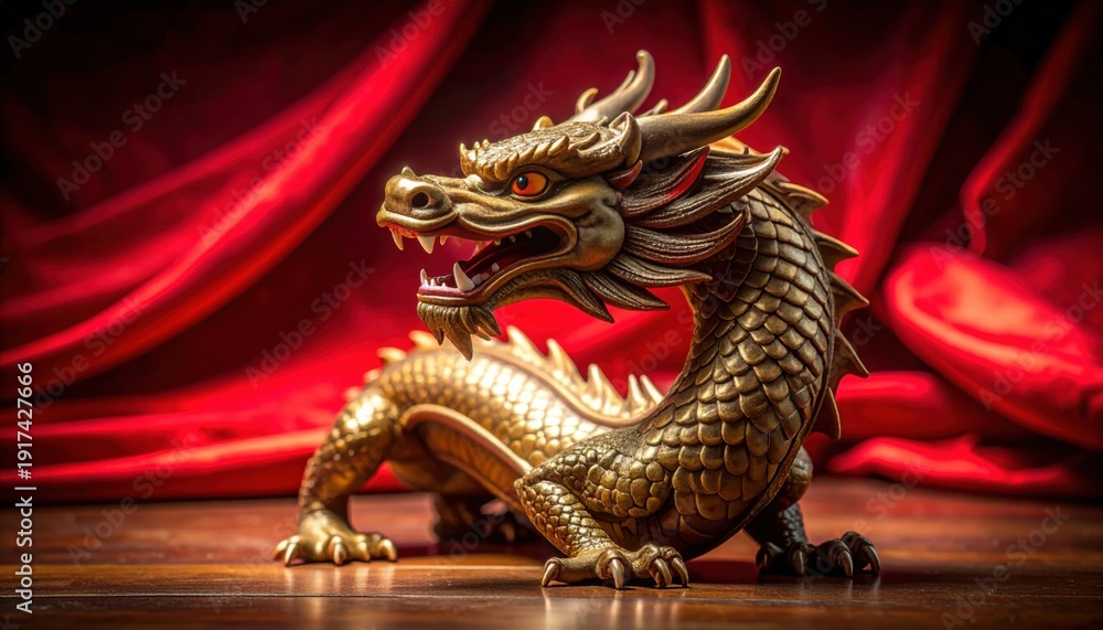 Fototapeta premium An Ornate Ceramic Dragon Figurine Displayed with a Rich Red Background