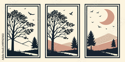 Whimsical triptych of moonlit forests and cozy cabins in the woods