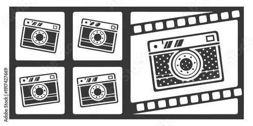 A collection of vintage cameras displayed in a film strip layout.