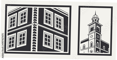 A comparison of architectural styles between a modern building and a traditional clock tower