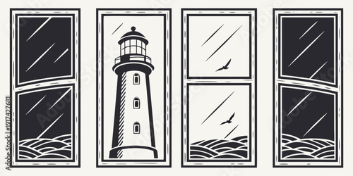 A serene lighthouse standing tall amidst the stormy sea, viewed through four distinct windows.