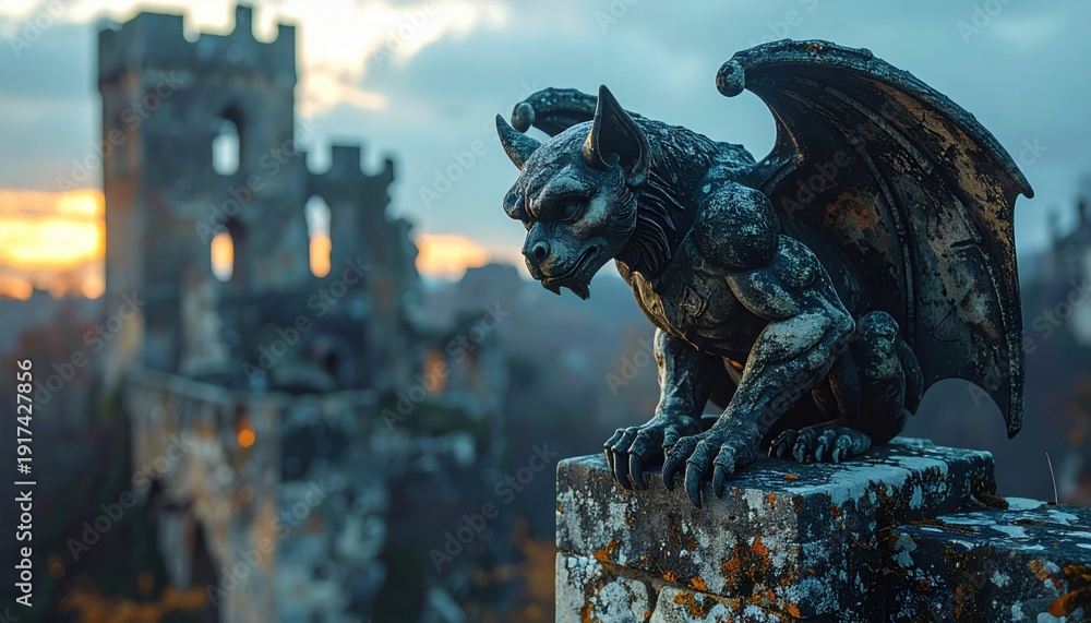 Obraz premium Ancient stone gargoyle guardian perched on a castle parapet at dusk, weathered sculpture.