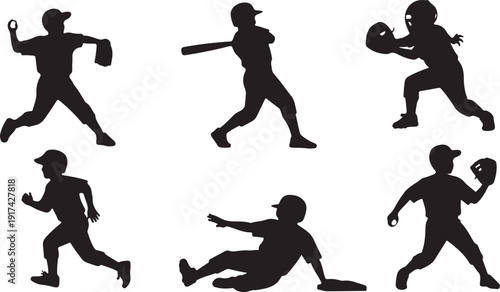 Eight black silhouettes of people playing different baseball positions