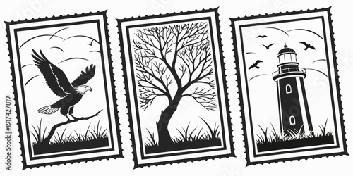 Three framed pictures of nature, featuring a bird, a tree, and a lighthouse