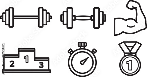 Icons representing fitness, competition, and achievement in sports activities.
