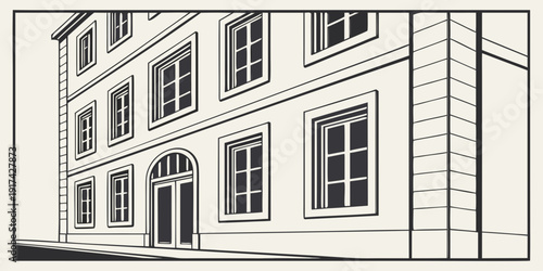 A detailed illustration of a three-story building with a symmetrical facade