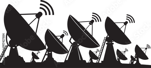 Black Silhouette Satellite Dishes Broadcasting Signals Isolated on White