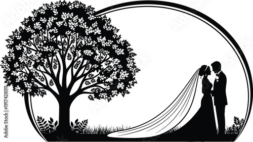 Silhouette of a bride and groom under a large leafy tree in a circular frame, romantic wedding couple vector illustration.