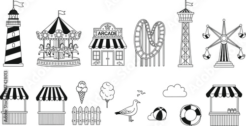 Amusement park carnival icons set, lighthouse carousel arcade roller coaster ferris wheel, cad drawing flat vector illustration, theme park entertainment,