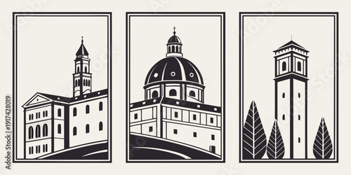 Three distinct architectural buildings showcasing historical and cultural heritage