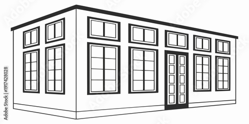 A modern building with large windows and a central entrance