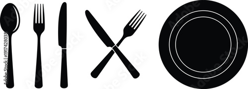 Cutlery silhouette set, spoon fork knife and plate icons, dinnerware table setting, cad drawing flat vector illustration, restaurant kitchen equipment,