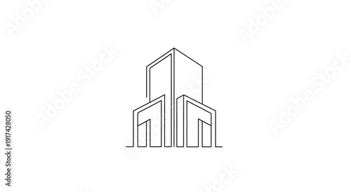 Minimalist continuous line art drawing of a modern building.