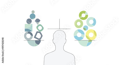 Balancing thoughts and ideas vector illustration, featuring a person's head with contrasting concepts. Includes symbols for confusion, decision-making, and mental clarity. 