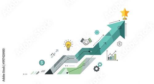 Business growth and success icon collection. Includes growth, success, finance, business, and strategy symbols. Created in modern style with green and gray palette.