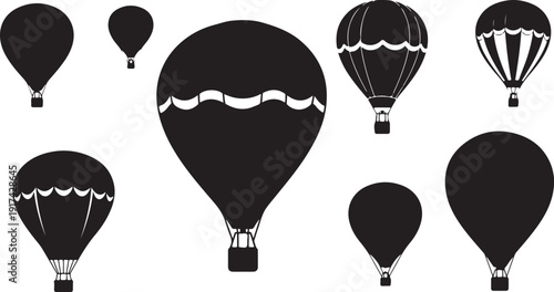 Collection of hot air balloons in black and white