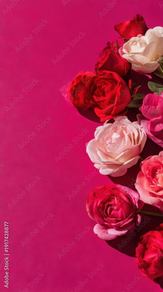 Obraz premium Flat lay of red and pink roses on bold magenta background with soft shadows Generative AI