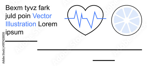Health, nutrition, medicine, wellness, design, cardiology. Heartbeat symbol inside a heart, citrus slice and placeholder text. Health and nutrition concepts illustrated with minimal design