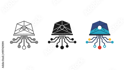Three stylized jellyfish logos with varying color schemes and line work Vector