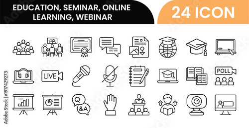 Education seminar online learning webinar icons collection twenty four