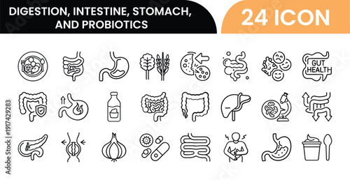 Collection of 24 icons related to digestion and gut health