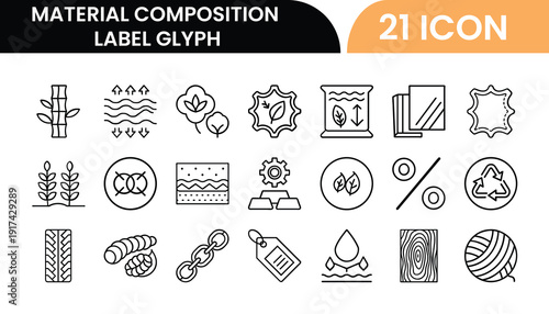 Material Composition Label Icon Set in Glyph Style for Fabric, Textile, Clothing Tags, Material Info, Care Symbols, Composition, and Digital Interface Design