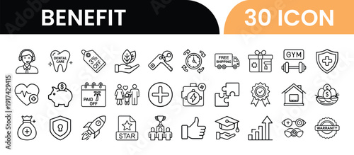 Thirty simple black and white benefit icons for various uses
