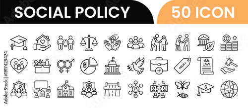 Outline Social Policy Icon Set in Line Art Style for Government Support, Welfare, Public Services, Community Care, Social Security, Equality, and Digital Interface Design
