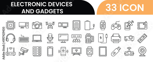 Outline Electronic Devices Icon Set in Line Art Style for Smartphone, Laptop, Tablet, Camera, Headphones, Smartwatch, Computer, and Digital Interface Design