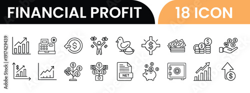 Financial profit icons set with various monetary symbols and graphs