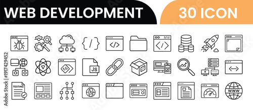 Outline Web Development Icon Set in Line Art Style for Coding, Programming, Website Design, UI UX, Frontend, Backend, Hosting, and Digital Interface Design
