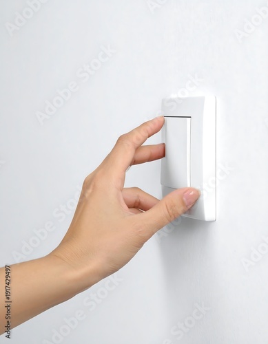 Hand reaching for and about to flip a white light switch