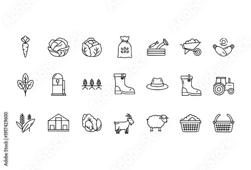 Minimal monoline agriculture icon collection with crops livestock and farming equipment vector outline pack