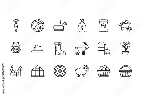Minimal monoline agriculture icon collection with crops livestock and farming equipment vector outline pack