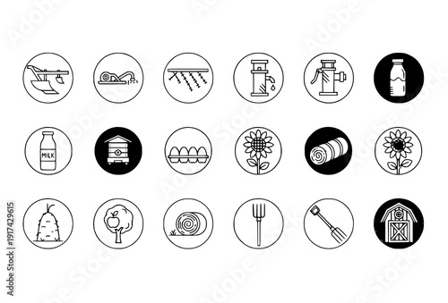 Editable stroke farm line icons with irrigation livestock products and crop symbols vector outline set