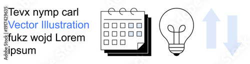 Productivity, idea management, growth strategies, planning, innovation, workflow improvement. Calendar, light bulb and arrows displayed together. Productivity and idea management concept
