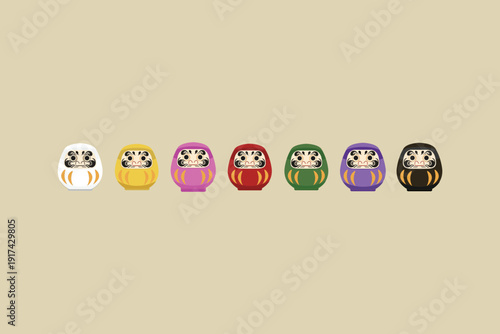 Set of Colorful Japanese Daruma Dolls Vector Illustration, Minimal Flat Design Collection, Isolated on Beige Background