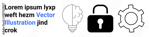 Lightbulb indicating creativity, closed lock symbolizing data protection, gear representing functionality or operation. Ideal for innovation, security, technology, solutions, mechanics