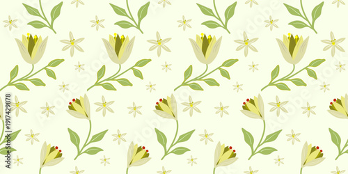 Seamless floral pattern with green leaves and blossoms featuring a vintage nature design with flowers and butterflies for a decorative spring wallpaper illustration